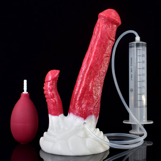 Ejaculation Fantasies - N5024 Red Demon Double Penetration Liquid Silicone Squirting Dildo 8.8 Inch
