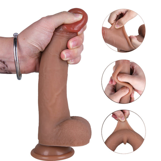 B77 Lifelike Dual-Layer Liquid Silicone Dildo Suction Cup with Moving Foreskin 8.7 Inch