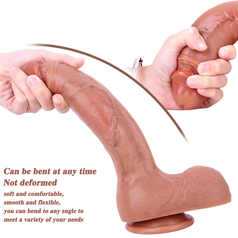 B133 Large Ultra Realistic Curved Dual-Density Silicone Suction Cup Dildo with Raised Veins 9.8 Inch